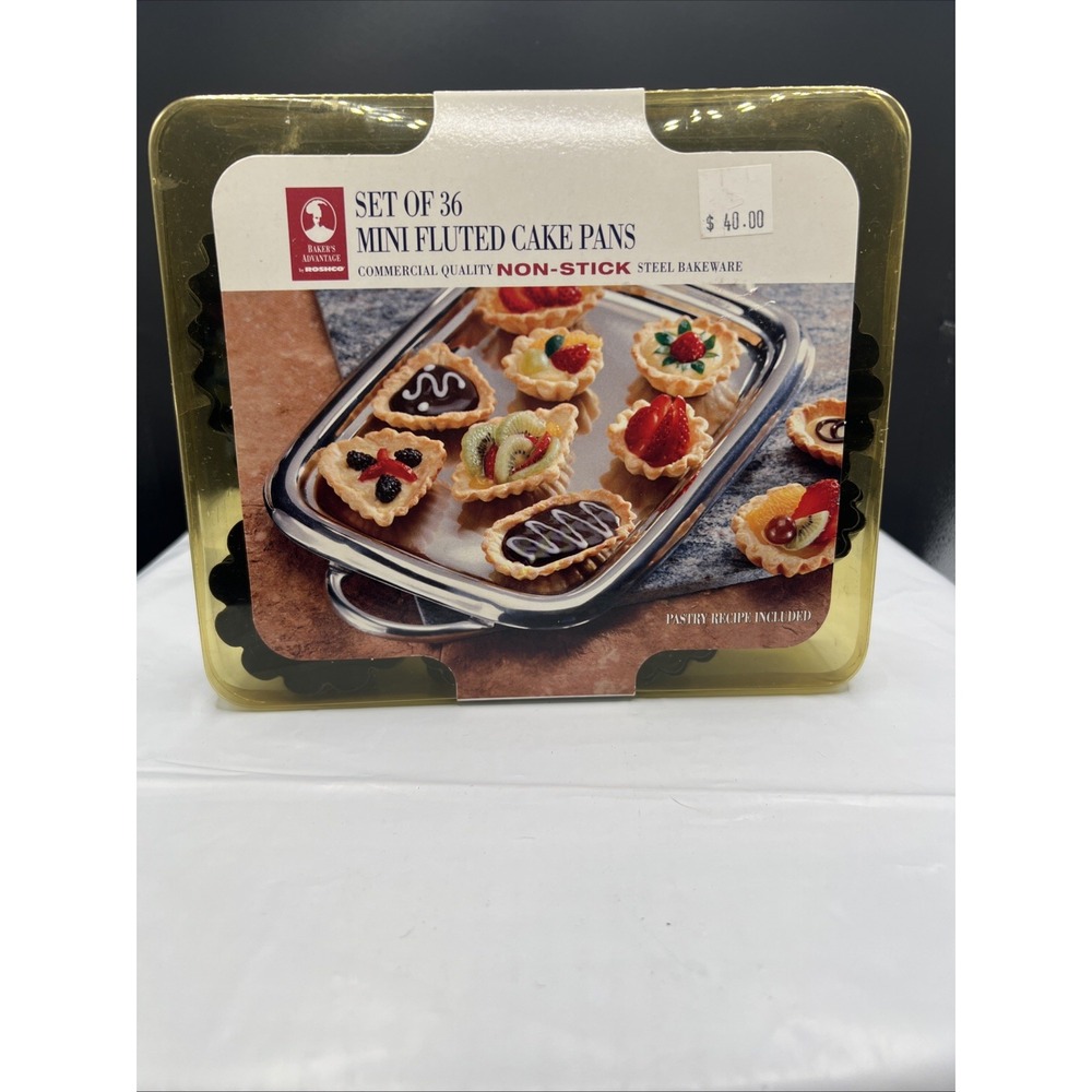 NIB Roshco Bakers Advantage Set of 36 Mini Fluted Cake Pans New Sealed Box Steel